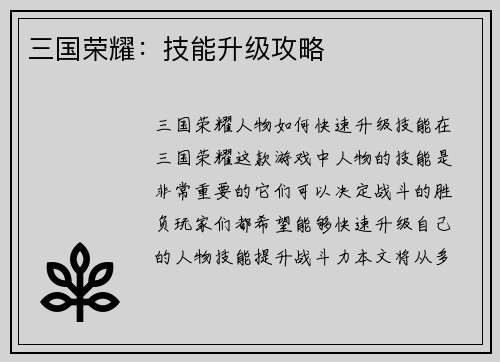 三国荣耀：技能升级攻略
